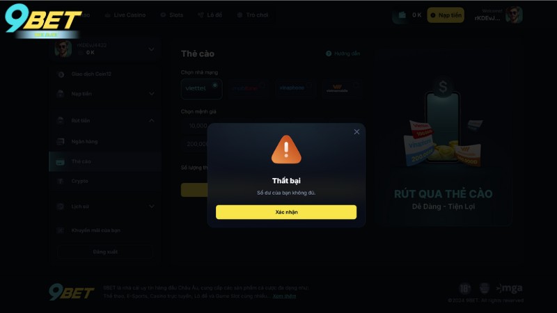 Những dấu hiệu cho thấy việc rút tiền 9Bet bị lỗi