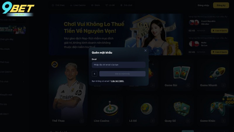 Hướng dẫn lấy lại mật khẩu bằng tính năng quên mật khẩu trên trang chủ 9BET