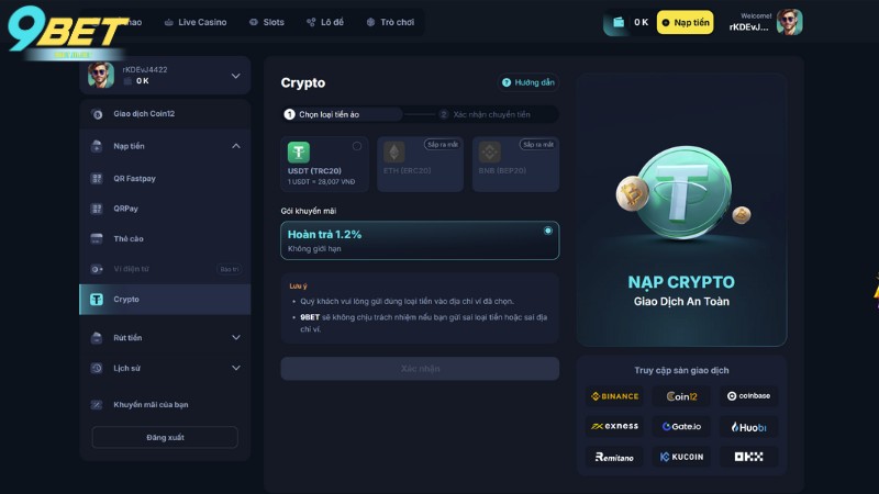 Tìm hiểu các mức phí cụ thể cho từng hình thức nạp tiền 9Bet