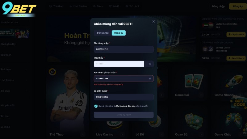 Một số nguyên nhân khiến việc đăng ký 9Bet bị lỗi